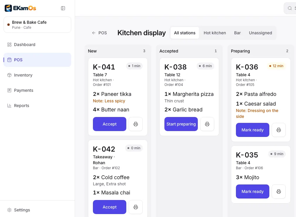 The EkamOS kitchen display with tickets in New, Accepted and Preparing columns (sample data)